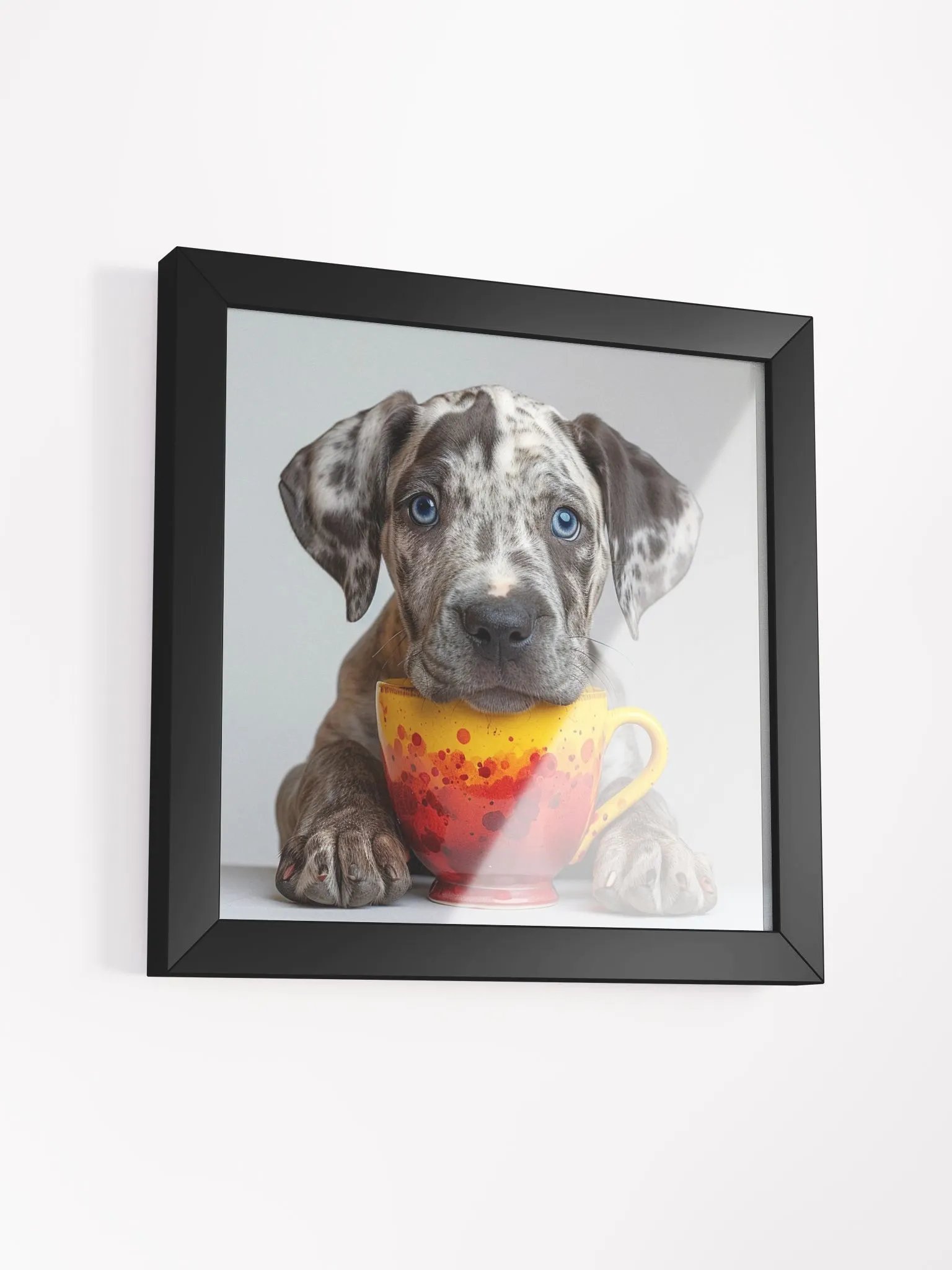 Cute Coffee Lover Blue Eyed Great Dane Puppy Framed Wall Art product image (2)