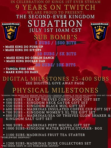 LOTS OF PRIZES. TELL YOUR FRIENDS THE KING IS ON THE TWITCH FRONT PAGE