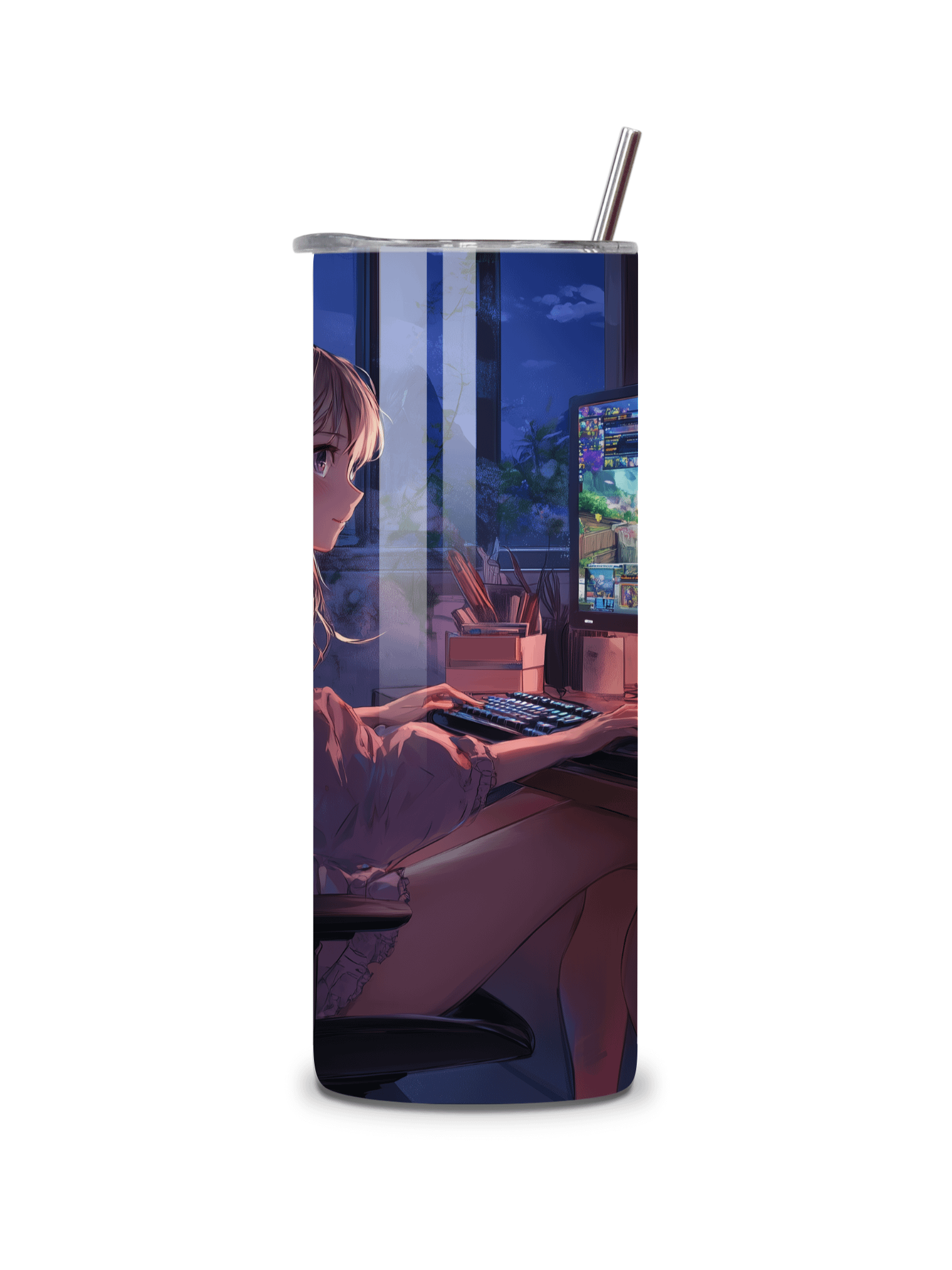 Anime Gamer Girl 20oz Skinny Tumbler with Metal Straw – Vibrant Gaming Setup Design – Double-Walled Insulated Stainless Steel Tumbler Gift for Anime and Gaming Fans (Anime Girl 1) product image (5)