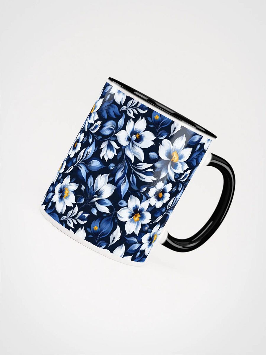 Coffee Mug with Color Inside - Floral Pattern in Blue and White on Dark Blue Background product image (3)