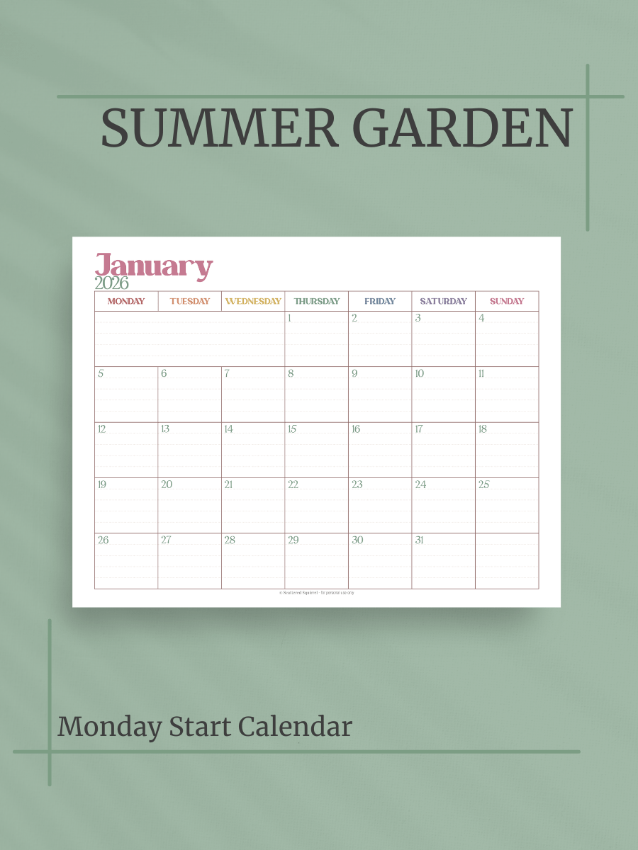 Summer Garden 2026 Calendar - Single Page per Month, Monday Start, Letter Size product image (1)