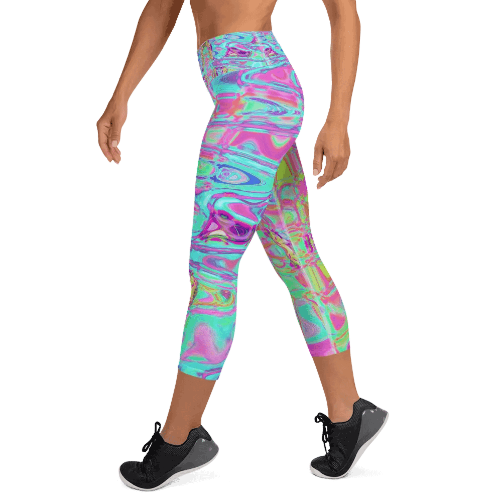 Cosmic Abstract Aqua and Hot Pink Retro Ripples Capri Yoga Leggings product image (1)