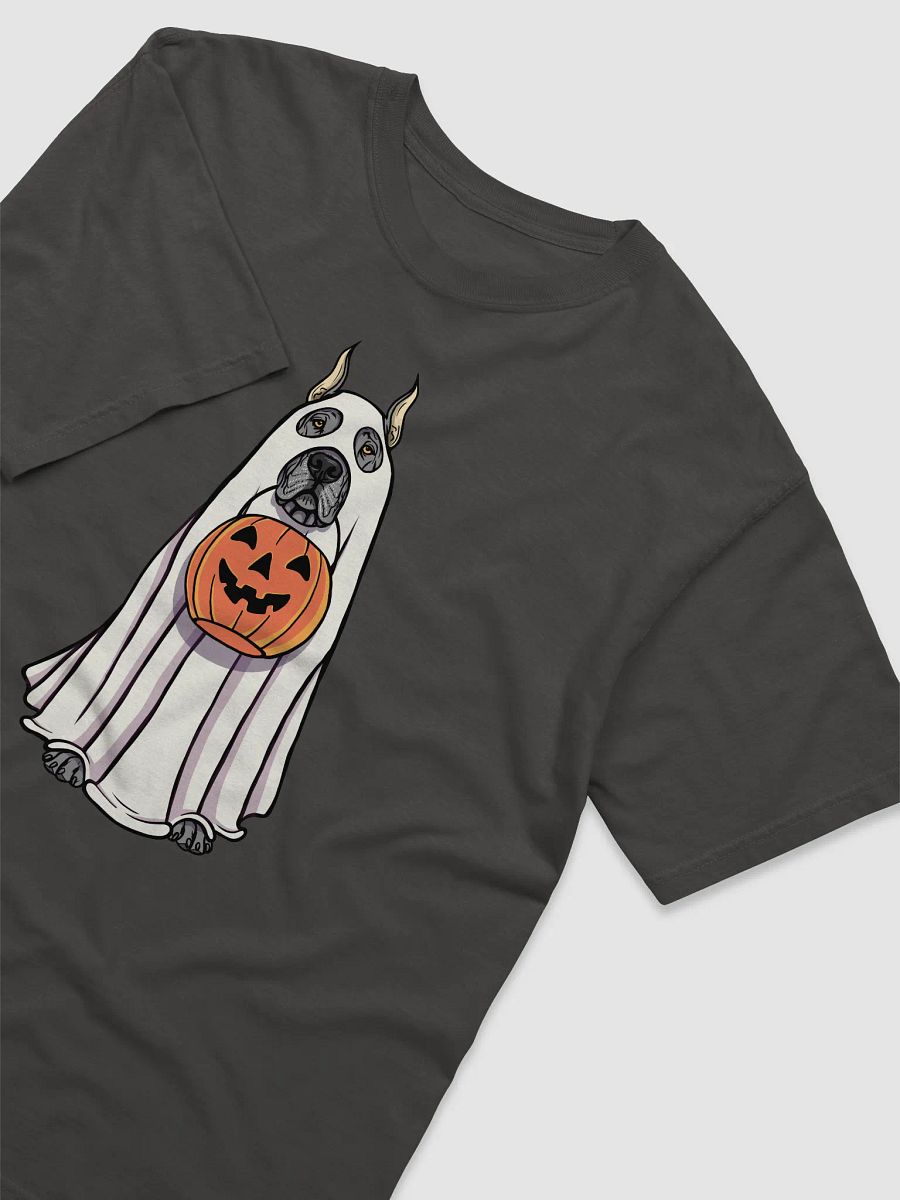 Funny Halloween Great Dane(Cropped Ears, Gray) T-Shirt | Funny Great Dane Wearing a Ghost Costume and Holding a Pumpkin Basket product image (19)