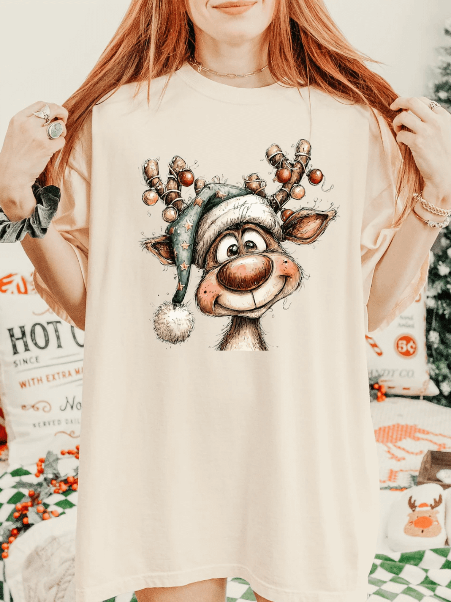 Tangled In Lights Reindeer | Cute Vintage Christmas Tee product image (1)