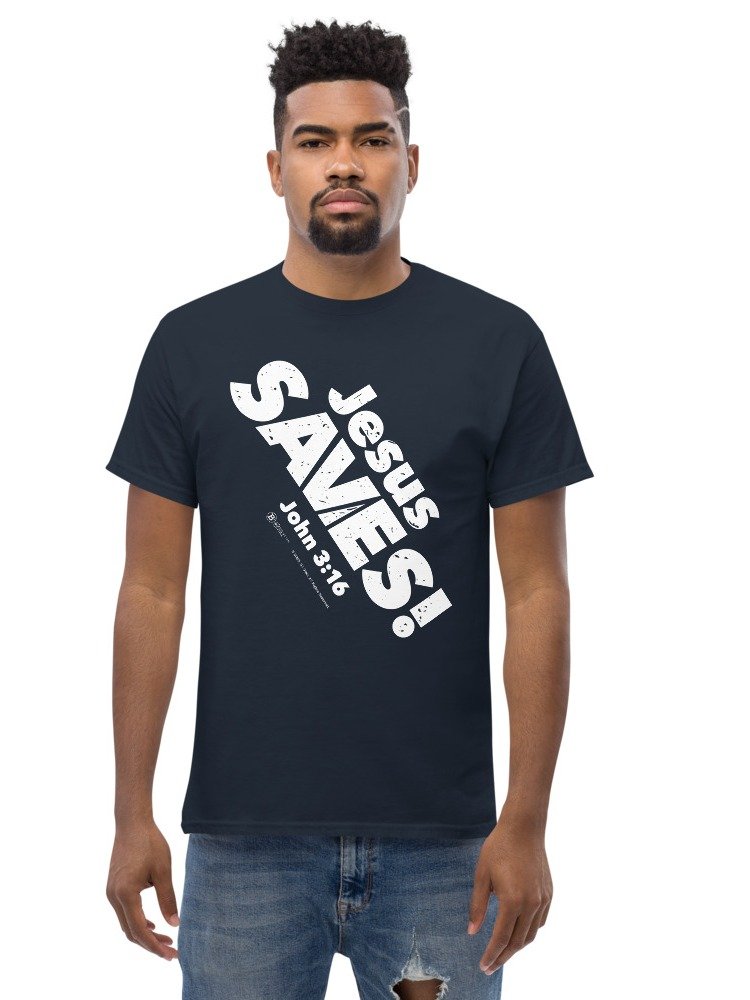 Jesus SAVES! Heavyweight Unisex Crewneck T-shirt | Gildan® 5000, White on Dark Colors product image (4)