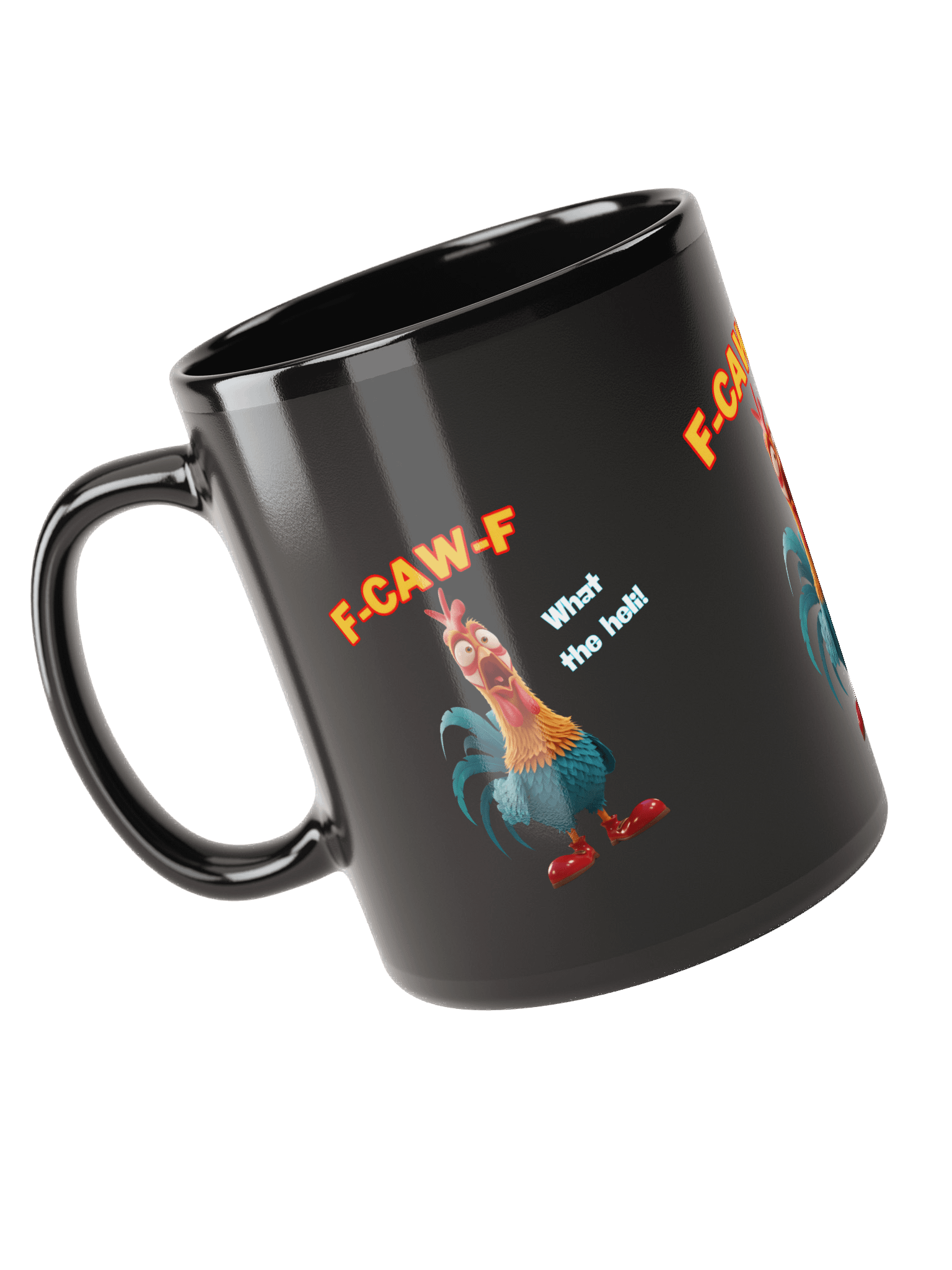 FUNNY ROOSTER MUG – BLACK GLOSSY COFFEE CUP WITH “F-CAW-F” & “WHAT THE HELLI” SLOGANS – FARM HUMOR GAG GIFT product image (6)