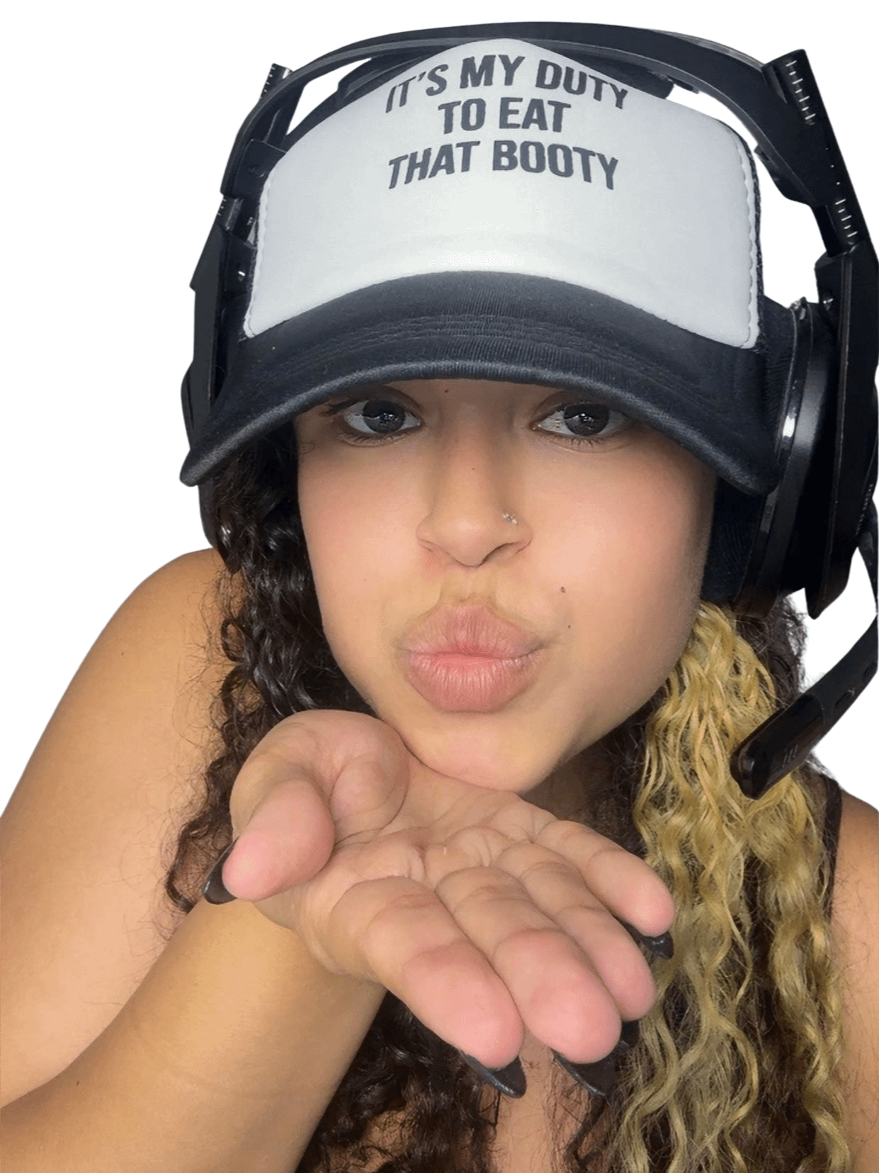 "It’s My Duty to Eat That Booty" Trucker Hat – Black & White Snapback product image (2)