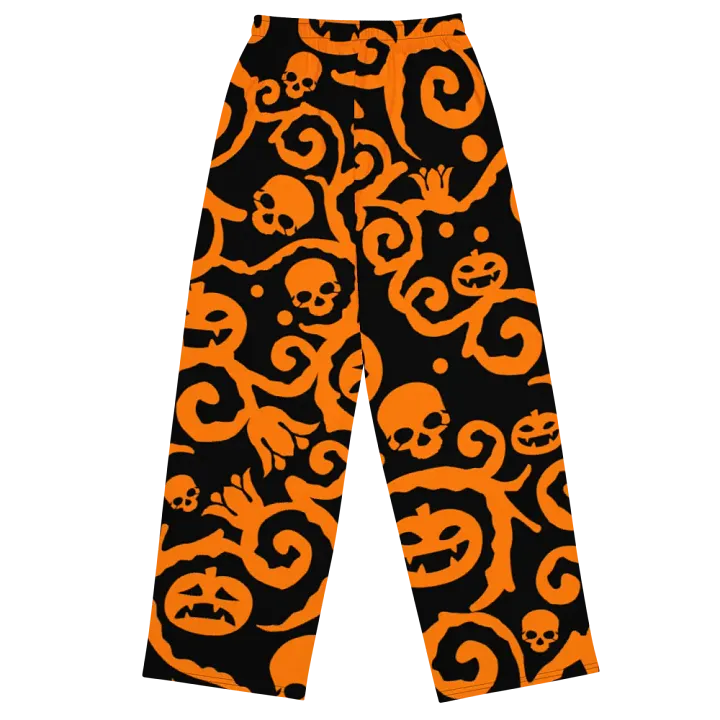 Orange & Black Scary Pumpkins Skull Unisex Wide-Leg Pants product image (1)