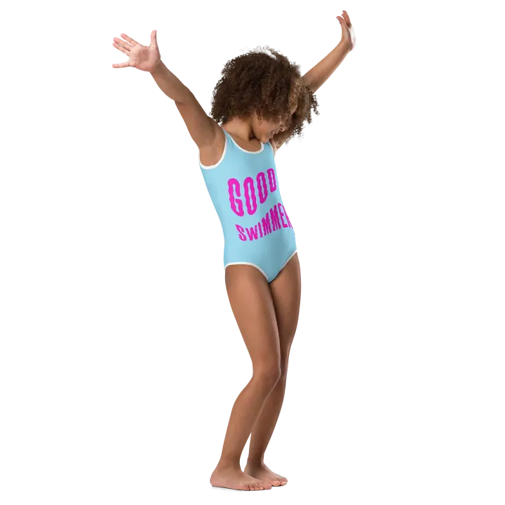 Good Swimmer Fuxia on Light Blue Kids Swimsuit product image (1)