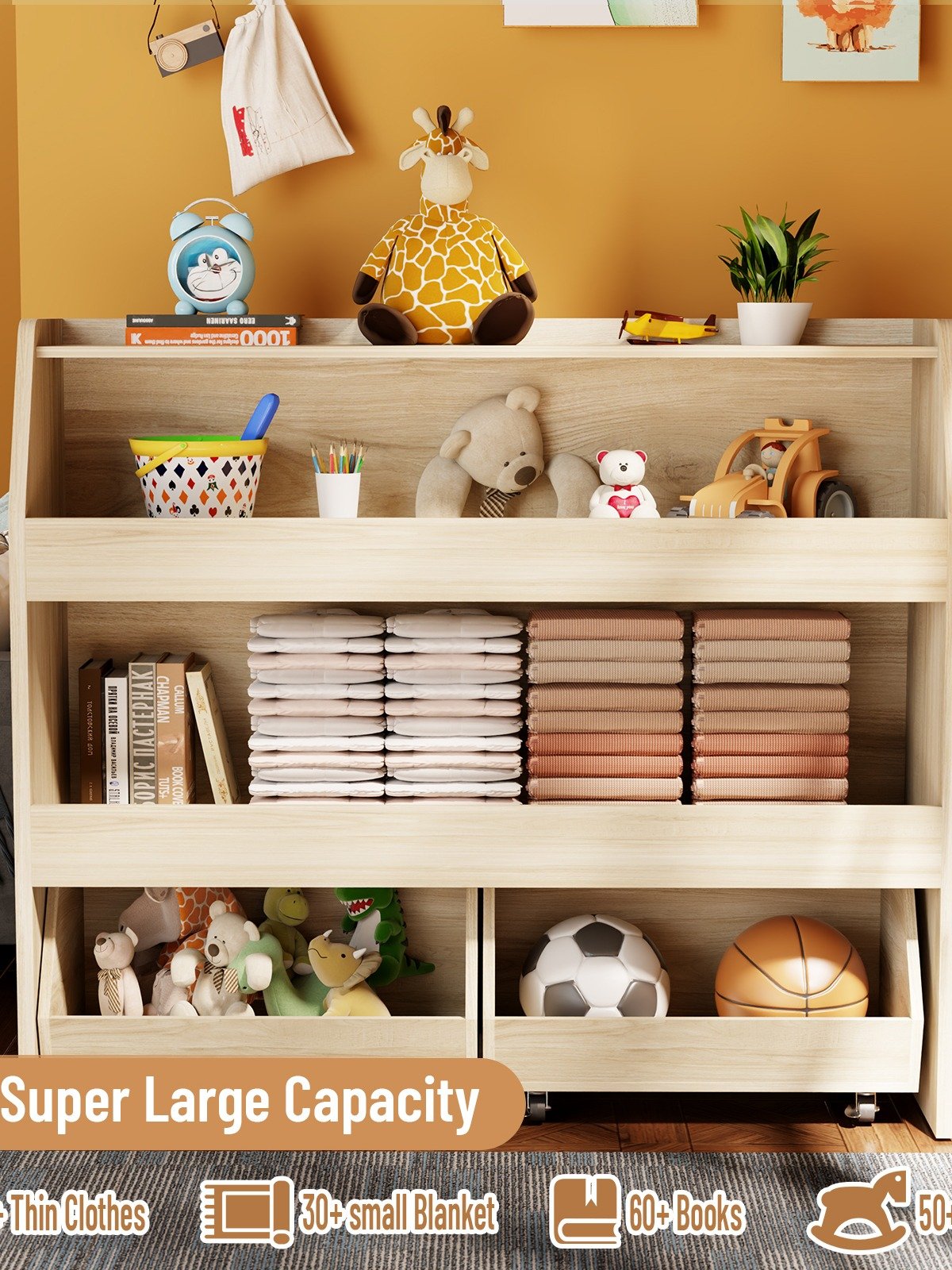 3-Tier Portable Toy Storage, Kids Toy Organizer W/2 Removable Bins with 4 Wheels（Wood) product image (6)