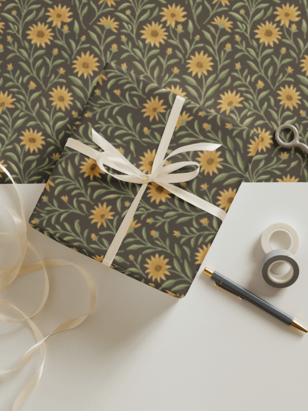 Golden field floral wrapping paper. Elegant botanical gift wrap with dark and light background product image (1)