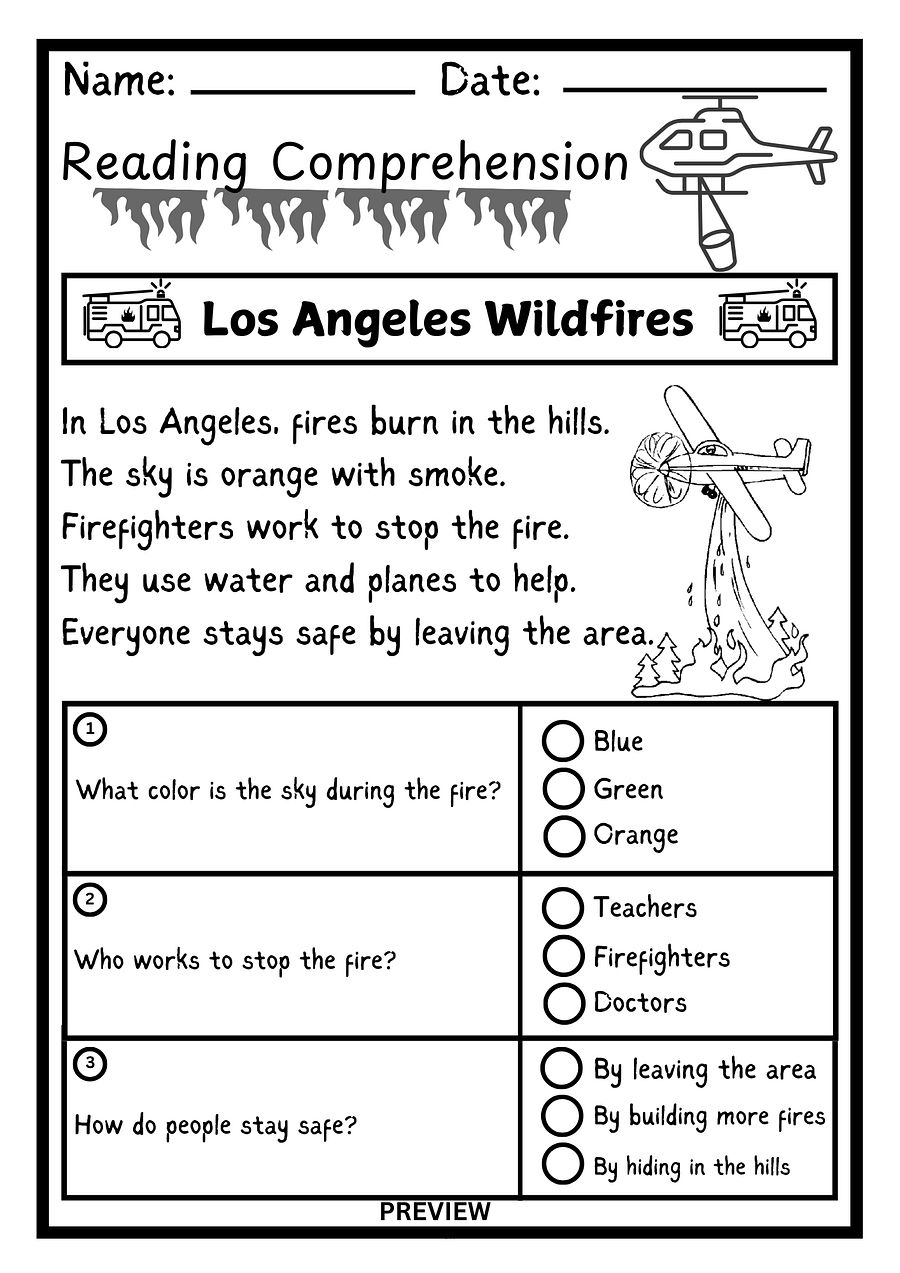 Los Angeles Wildfires - Kindergarten Reading Comprehension Worksheet product image (1)