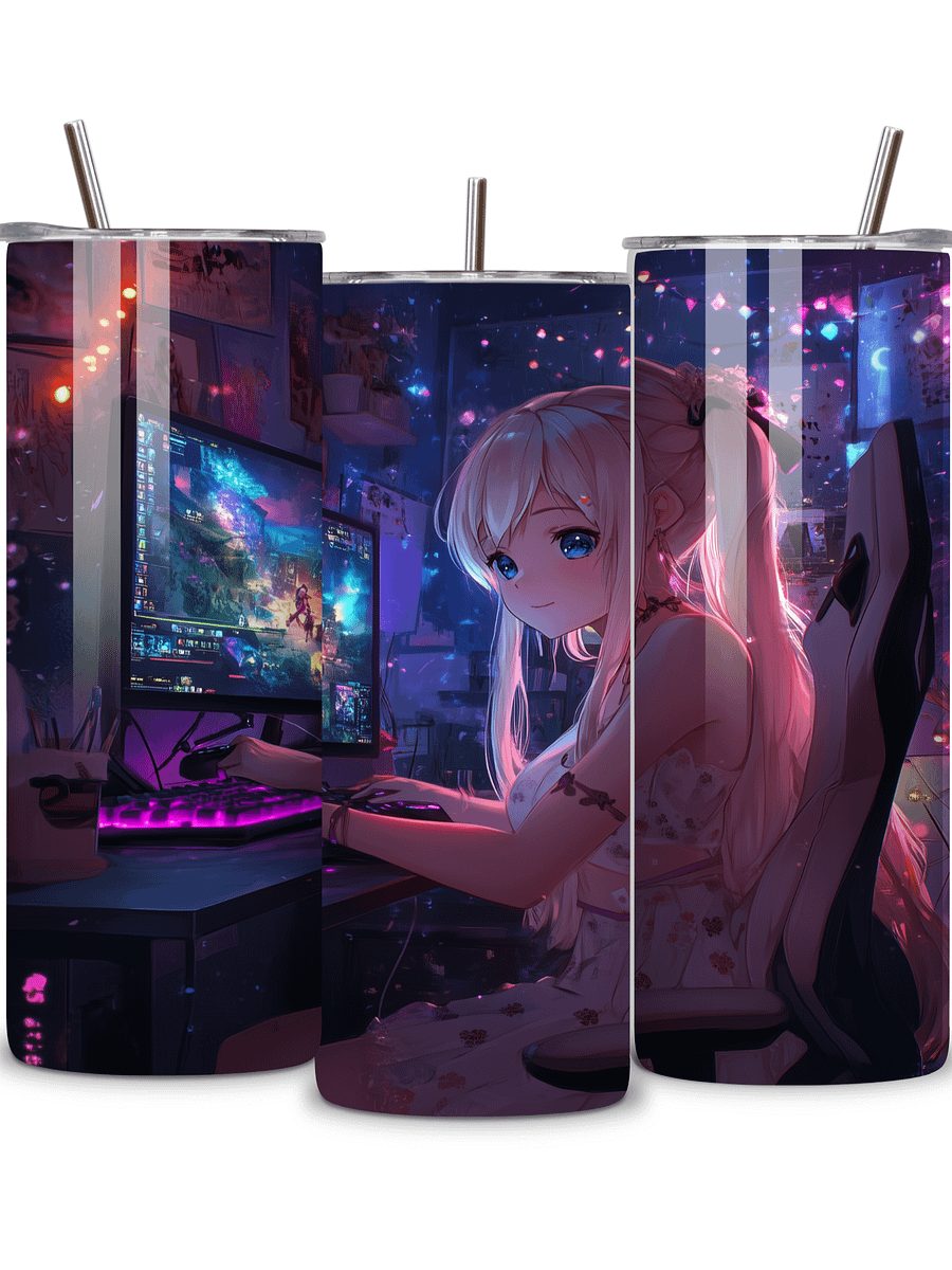 Anime Gamer Girl 20oz Skinny Tumbler with Metal Straw – Vibrant Gaming Setup Design – Double-Walled Insulated Stainless Steel Tumbler Gift for Anime and Gaming Fans (Anime Girl 4) product image (1)