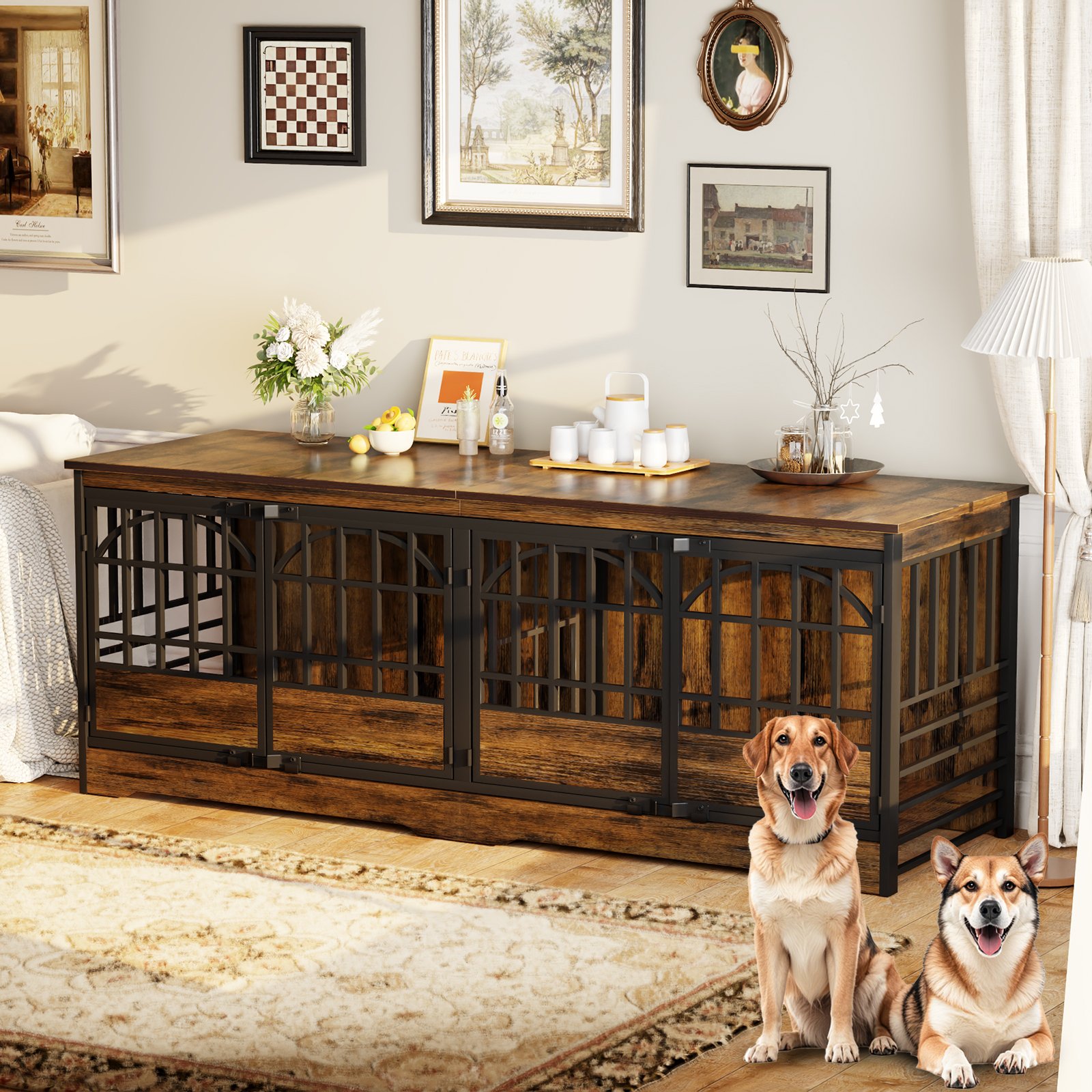 86 Inch Double Dog Crate Furniture for 2 Large Dogs, Decorative Dog Kennel Indoor TV Stand, Heavy Duty Wooden Dog Cage for Large Medium Dogs Sized Dog Pet House with Divider (Brown) product image (1)