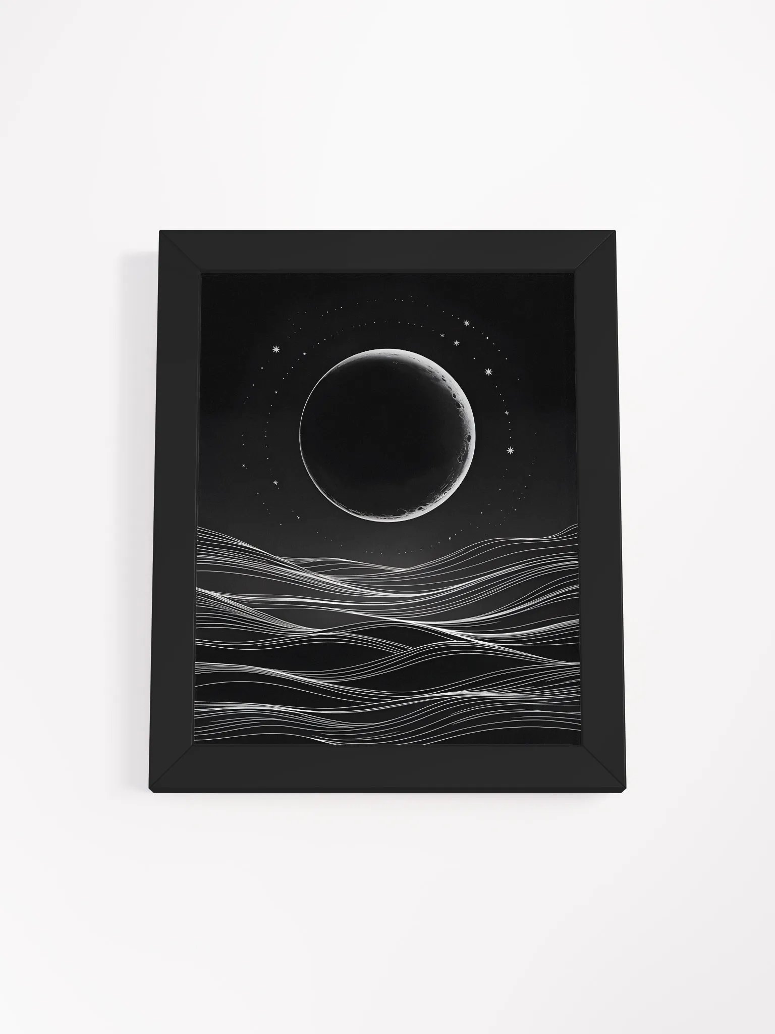 Crescent Moon Over Waves Framed Print | Minimalist Night Scene Wall Art product image (1)