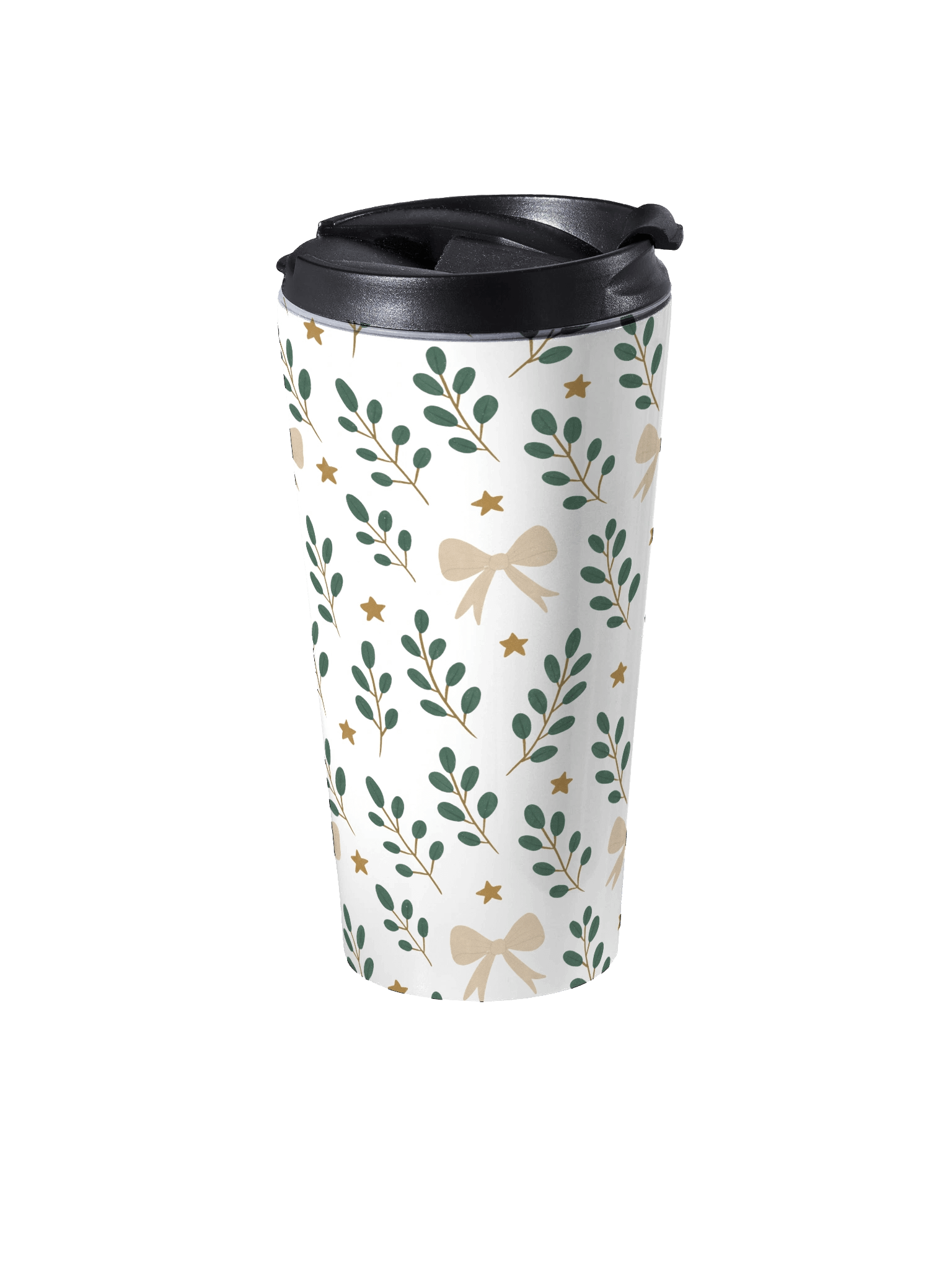 Stainless steel travel mug ribbons & stars botanical Christmas. Elegant holiday thermal mug product image (2)