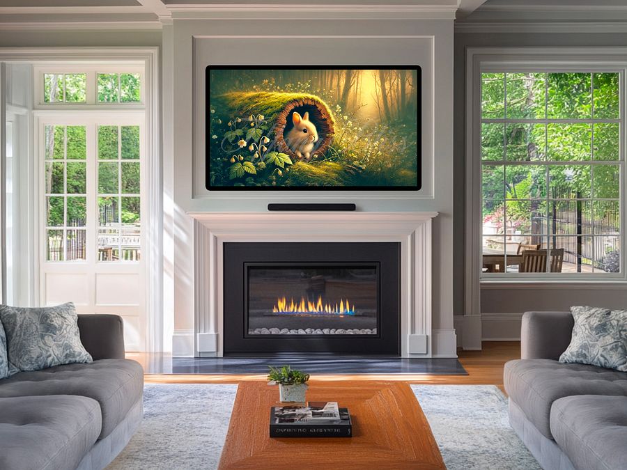 Spring TV Art, Bunny in a Log Forest Painting, nature, green, flowers, Screensaver, Wallpaper, Digital Download product image (4)