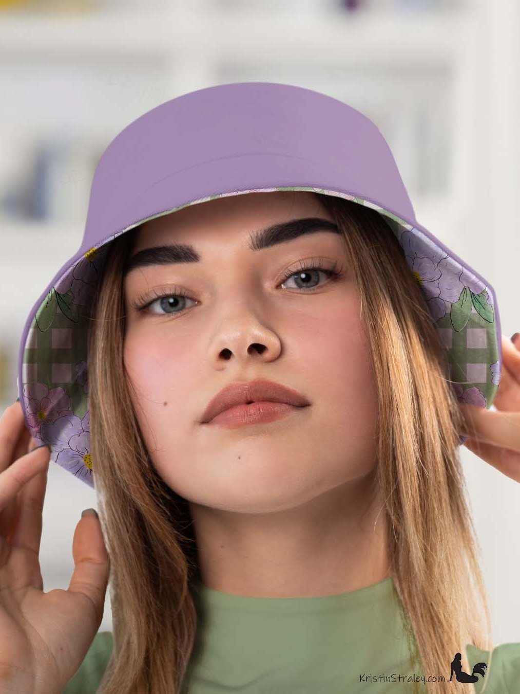 Reversible Bucket Hat Lavender Flowers on Gingham and Solid Plum product image (4)