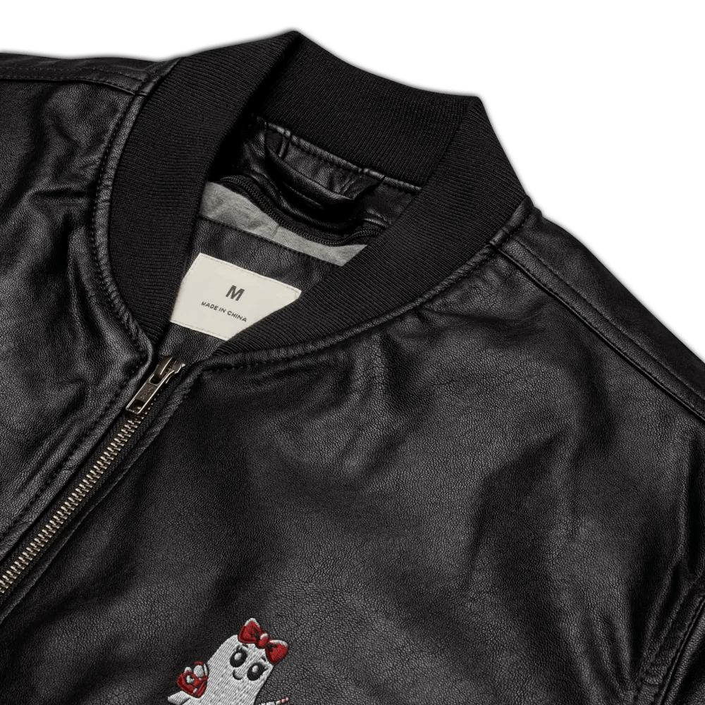 Stylish Ghost Embroidered Faux Leather Bomber Jacket product image (4)