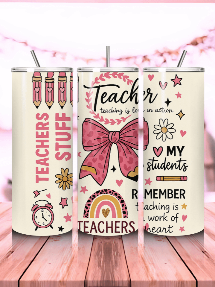 Teach Love Inspire Tumbler Wrap PNG – 20oz Skinny Sublimation Design with Motivational Quote, School Icons & Heart Accents – Uplifting Teacher Theme – 300 DPI Instant Digital Download product image (1)