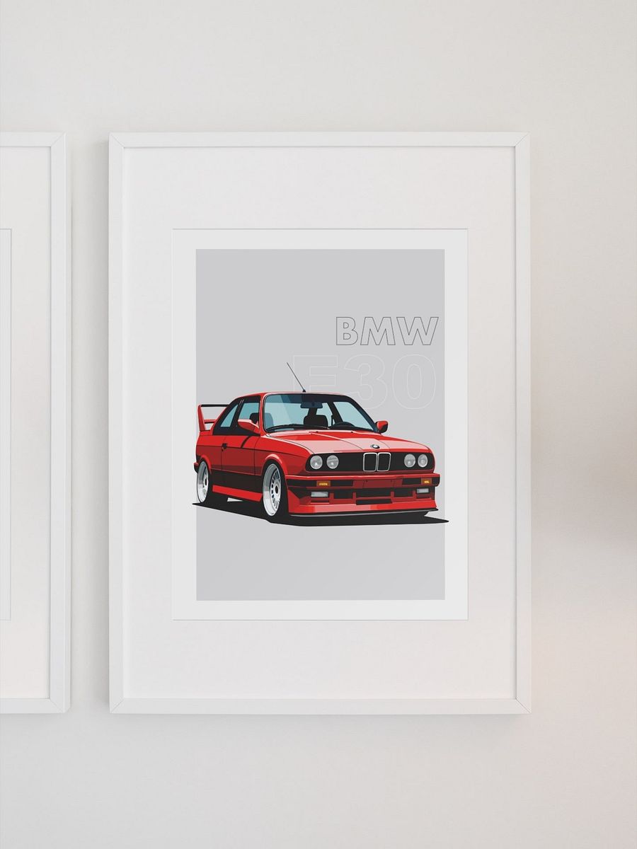 Classic BMW E30 Poster, Vintage Sports Car Illustration, Iconic Red Coupe Print, Retro Automotive Art, German Engineering Enthusiast product image (1)
