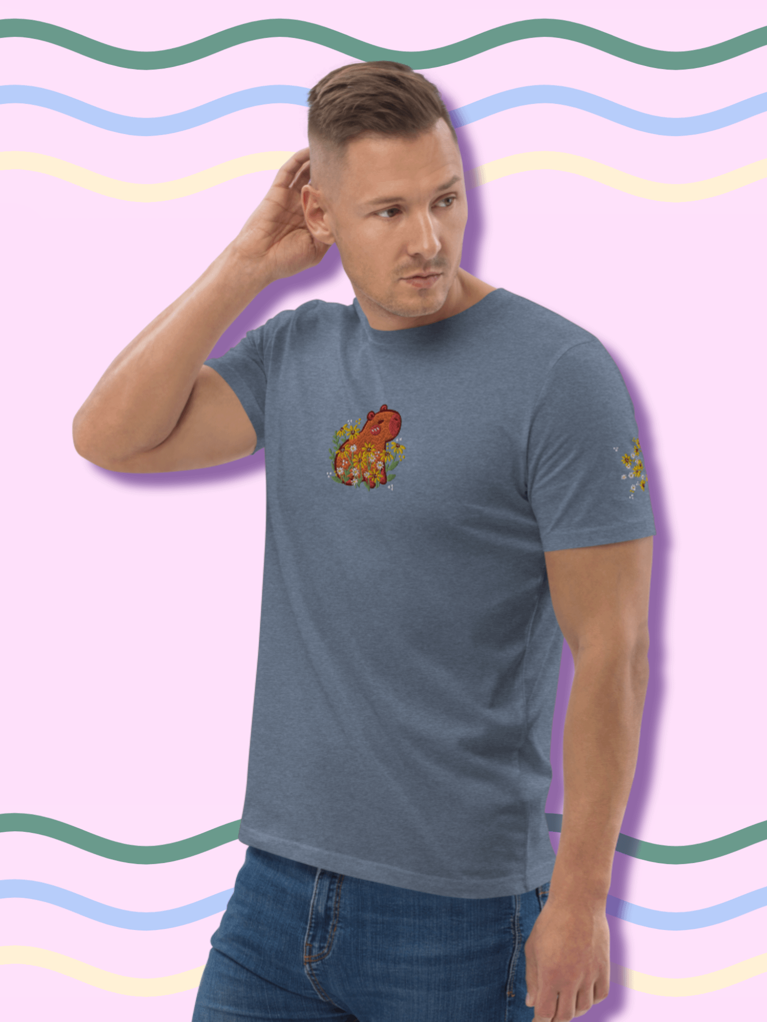 Whimsical Capybara and Daisy Flower Embroidered T-Shirt product image (4)