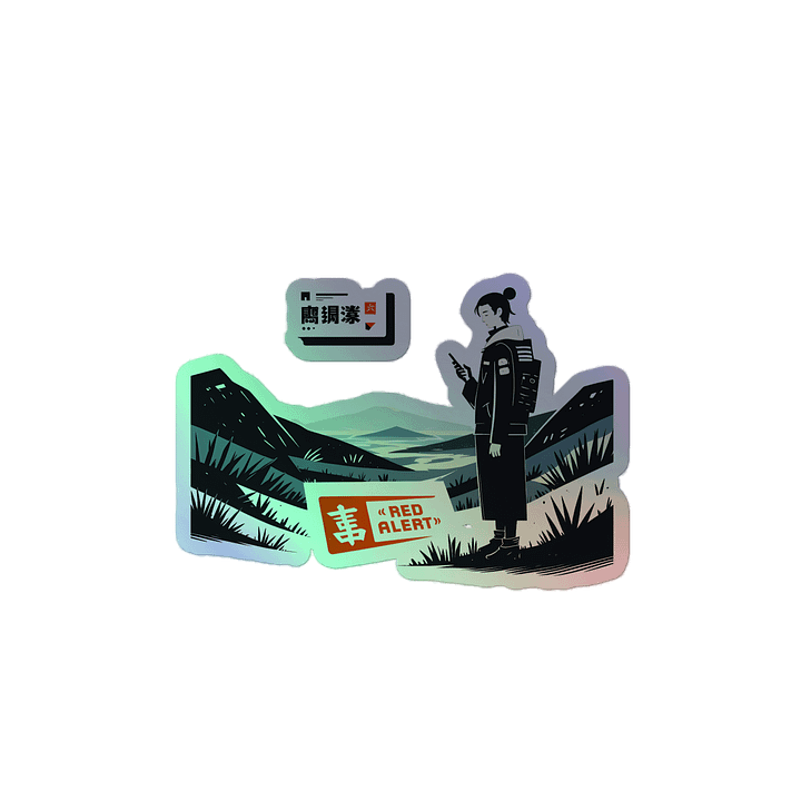 Red Alert Illustration – Mountain Warning Sign Art Print Holographic Sticker product image (2)