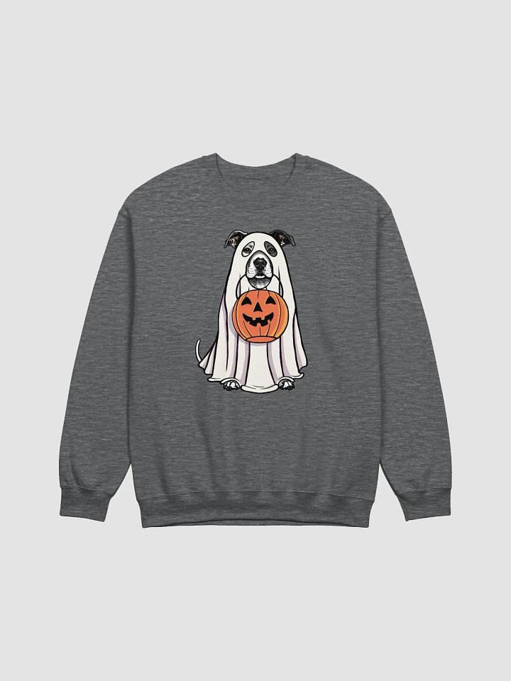 Funny Halloween Staffordshire Terrier(White with Black Patch) Sweatshirt | Funny Staffy Wearing a Ghost Costume and Holding a Pumpkin Basket product image (1)