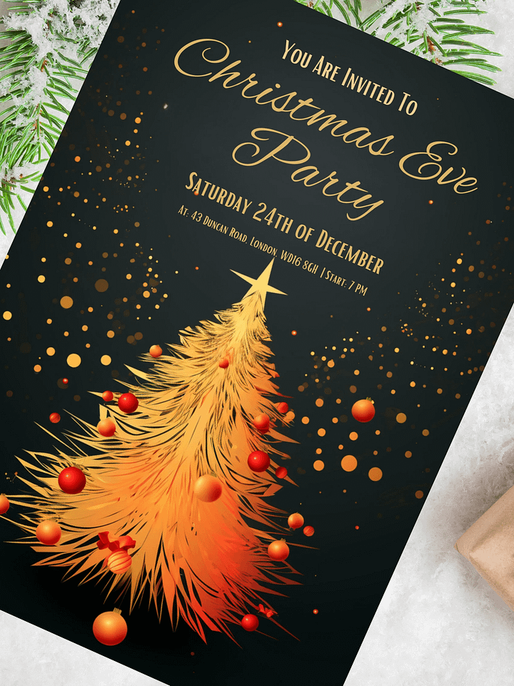 Golden Tree Christmas Eve Party Invitation | Editable in Canva | Christmas Party Printable | Holiday Invitation Template | Link to Canva product image (2)