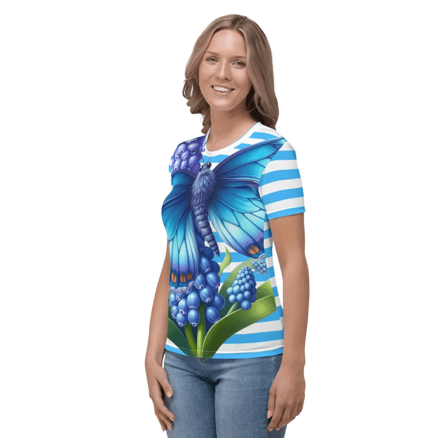 Butterfly Bliss Blue Stripped All-Over Print Women's T-Shirt product image (3)