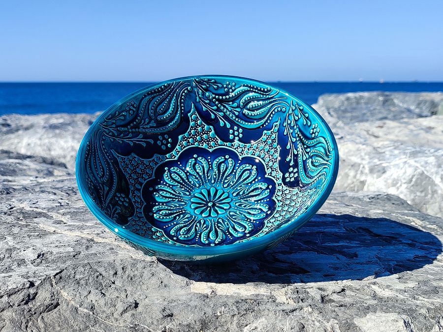 Turquoise Floral Elegance: Handcrafted 20cm Turkish Ceramic Bowl — handmade pottery, handmade ceramic, home decor, handmade gift product image (5)