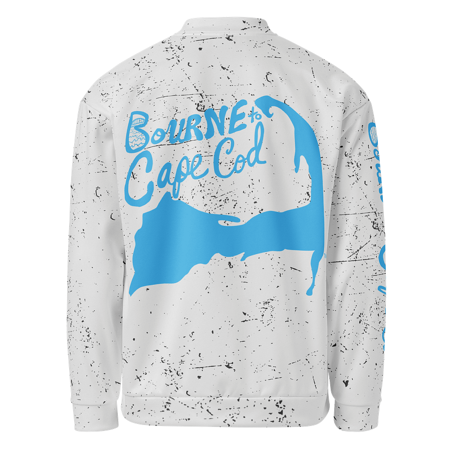 All-Over Print Bomber Jacket | Coastal Cool, City Bold | BOURNE to Cape Cod™ + BRN.2C.C.™ Style | Deep Sky Blue Logos on Distressed White product image (2)