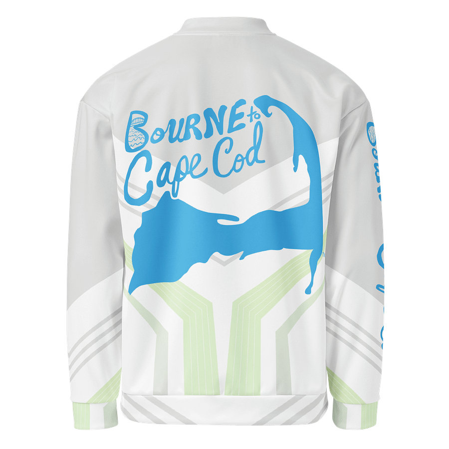 All-Over Print Bomber Jacket | Coastal Cool, City Bold | BOURNE to Cape Cod™ + BRN.2C.C.™ Style | Deep Sky Blue Logos on Preppy Geometrics product image (2)