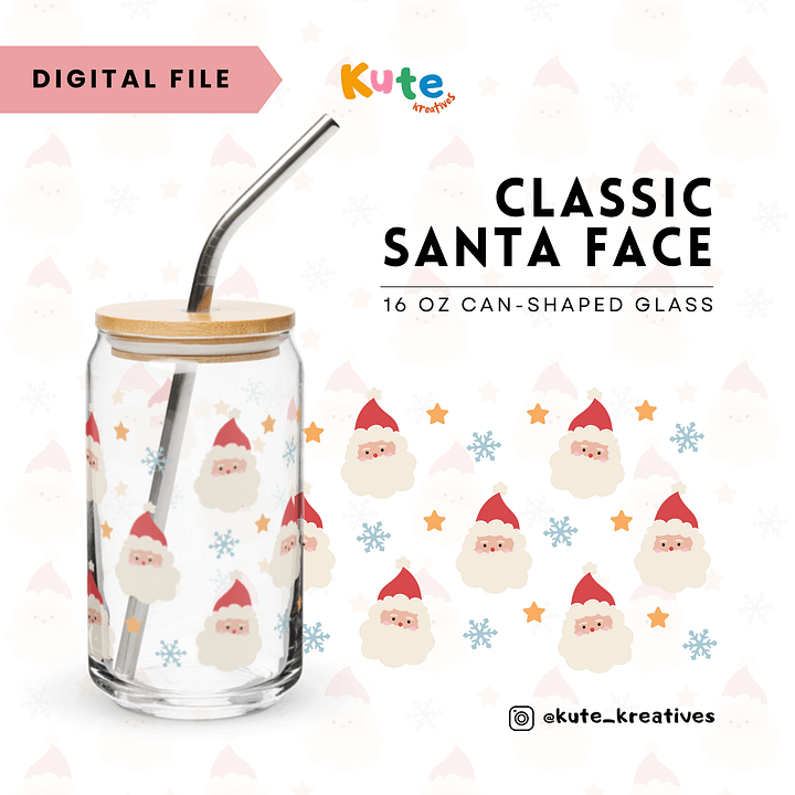 [Digital File] 16oz Can-Shaped Glass Wrap PNG | Classic Santa Face product image (1)