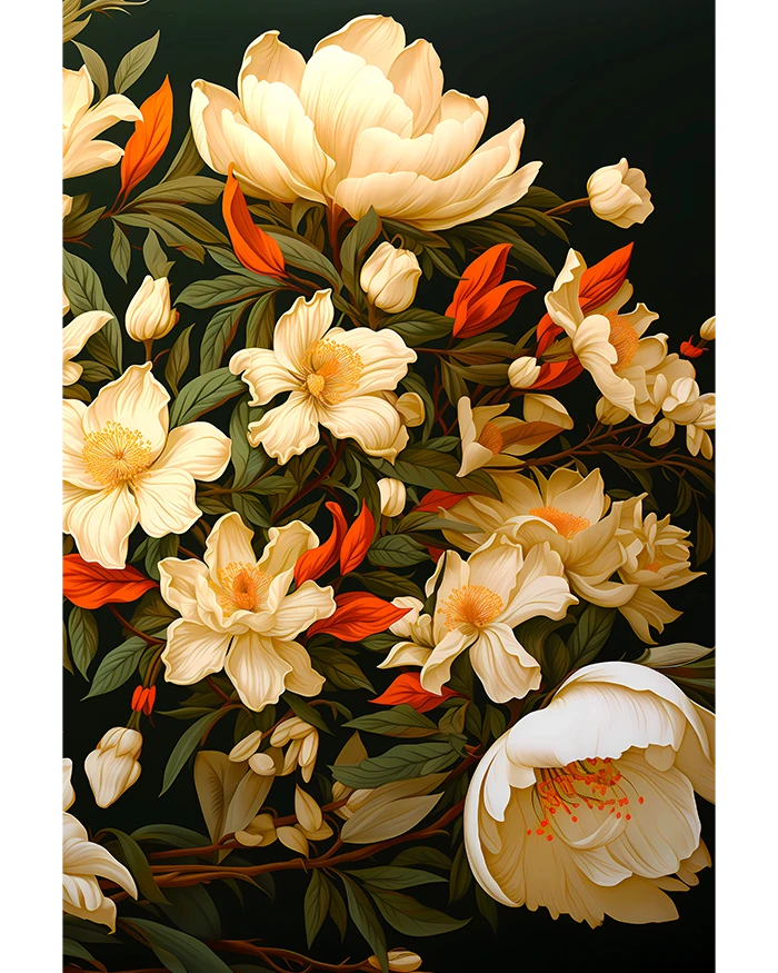 Vintage White Flowers in Bloom Verdant Leaves Dark Background Matte Poster product image (1)