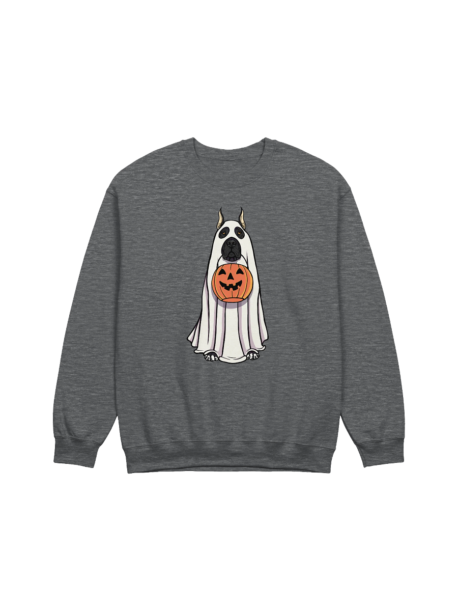 Funny Halloween Great Dane(Cropped Ears Black) Sweatshirt | Funny Great Dane Wearing a Ghost Costume and Holding a Pumpkin Basket product image (3)