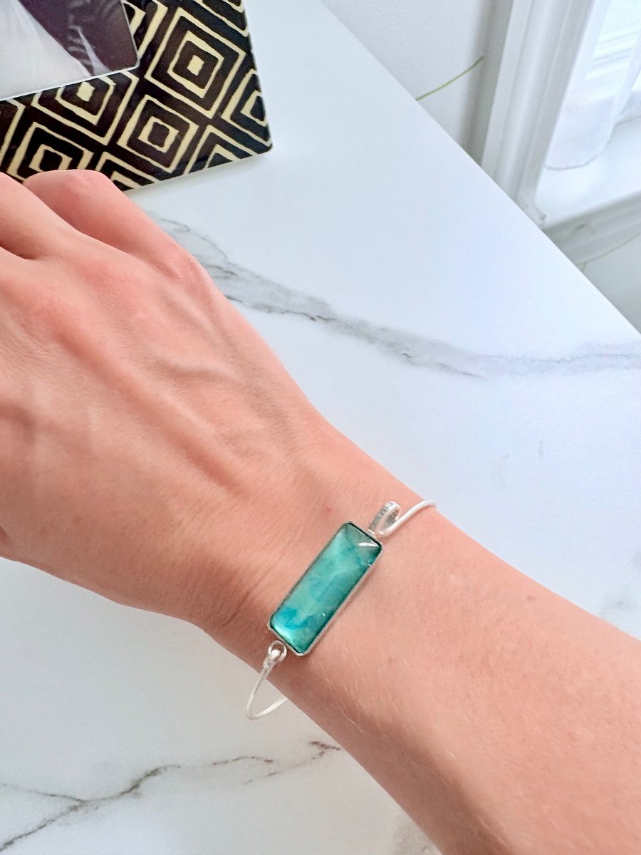 ⚡ Electric Tide Bangle | 6.75" Silver-Plated Wire Bracelet with Teal Rectangle Charm | Handmade Coastal Charm Jewelry by Monique Faella Designs™ | MFD-00180 product image (7)