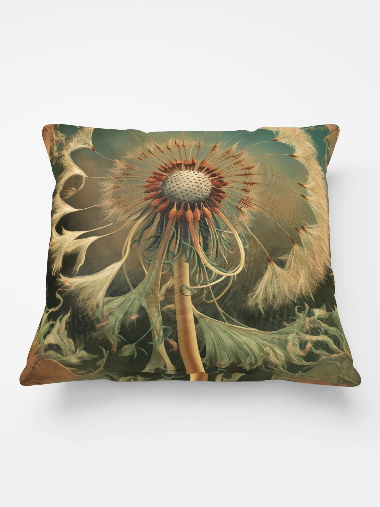 Art Nouveau Stylized Dandelion Seed Head All-Over Print Pillow in Golds and Greens and Browns product image (1)
