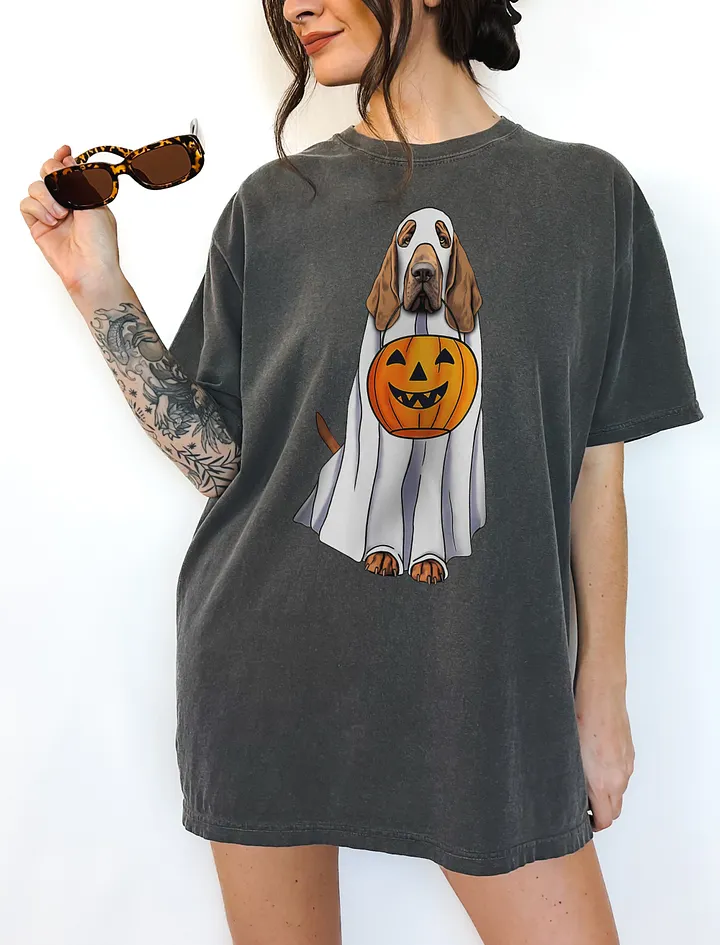 Bloodhound Halloween Tee | Funny Fall & Halloween Bloodhound Wearing a Ghost Costume with Pumpkin Basket product image (6)
