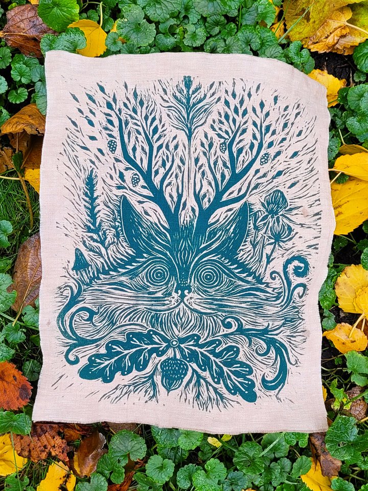 Green Cat Linoleum Cut Patch product image (1)