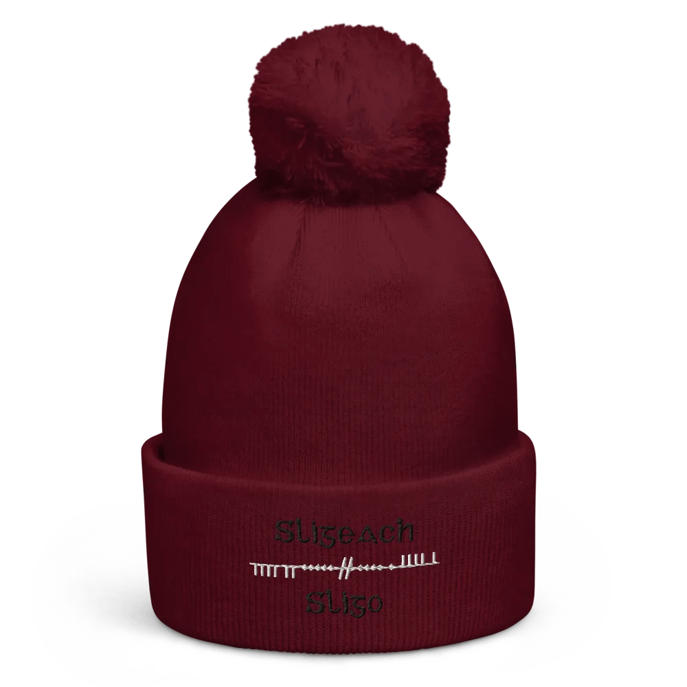 Sligo/Sligeach Scholastic style Ogham, black and white, embroidered Pom-Pom Beanie product image (1)