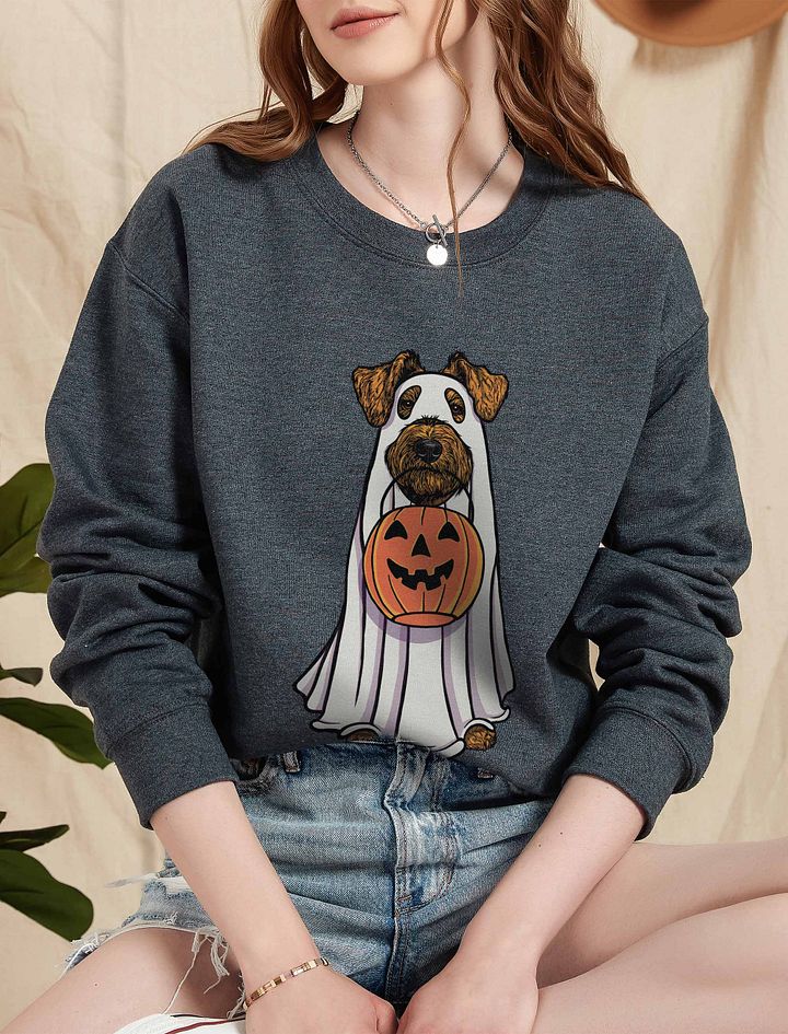Funny Halloween Airedale Terrier Sweatshirt | Funny Airedale Wearing a Ghost Costume and Holding a Pumpkin Basket product image (5)