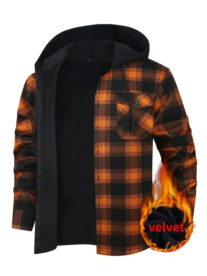 Jaqueta masculina forrada de lã xadrez com capuz product image (1)