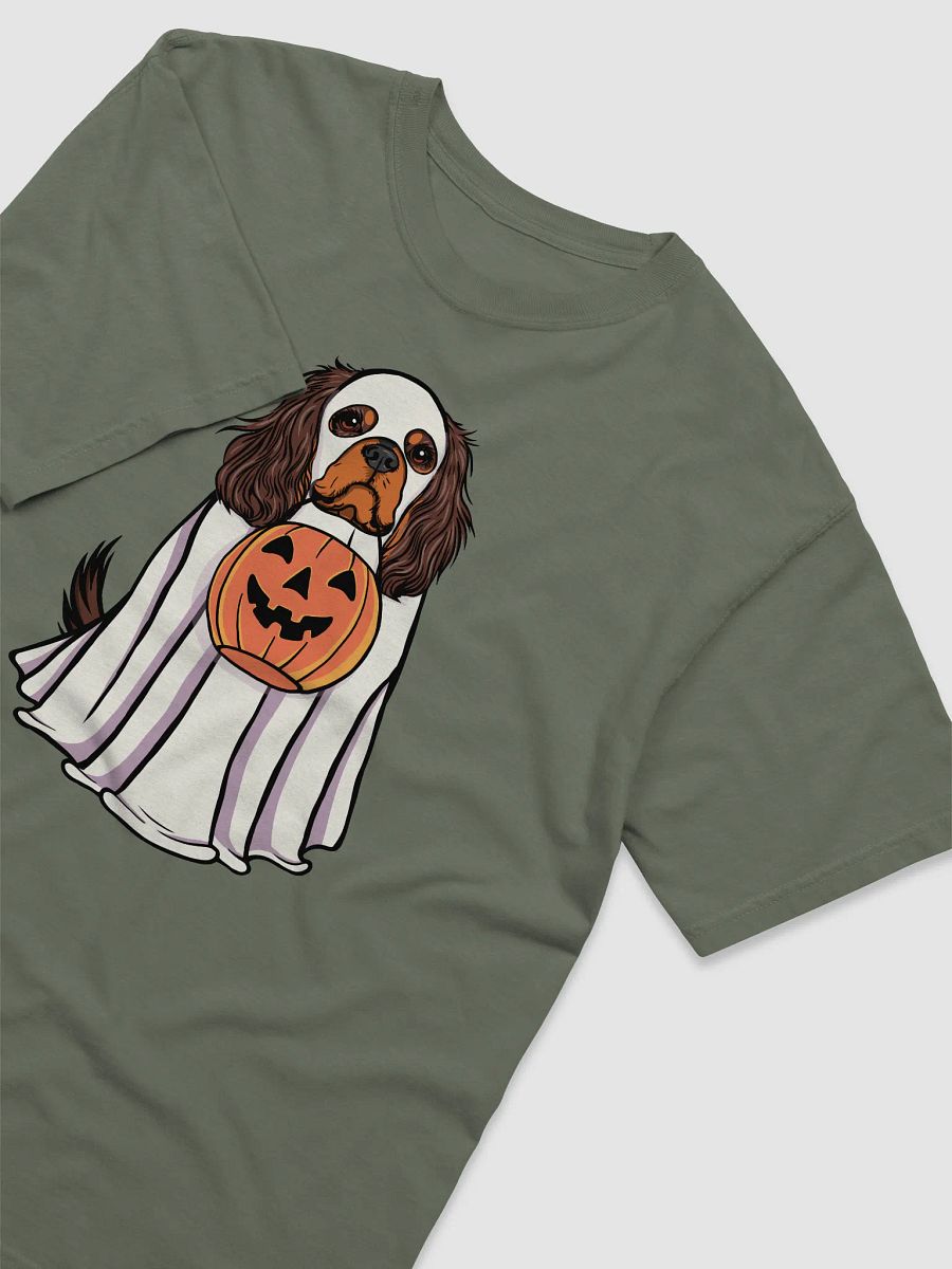 Funny Halloween Cavalier King Charles Spaniel(Brown & Tan) T-Shirt | Funny Cavalier Wearing a Ghost Costume and Holding a Pumpkin Basket product image (10)