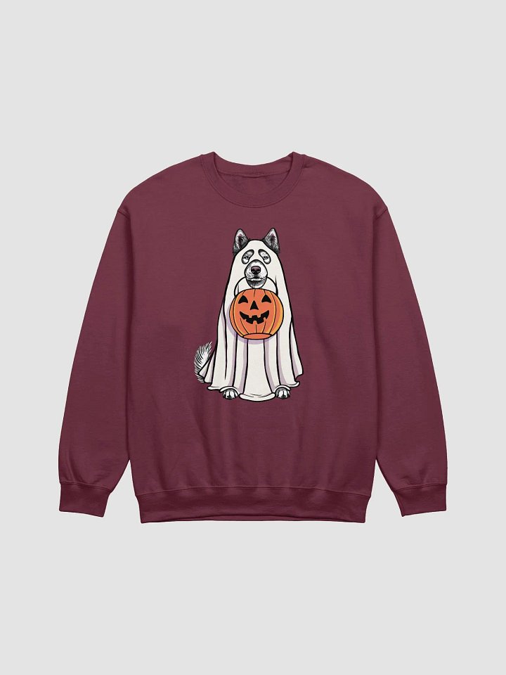 Funny Halloween Alaskan Malamute Sweatshirt | Funny Dog Wearing a Ghost Costume and Holding a Pumpkin Basket product image (1)