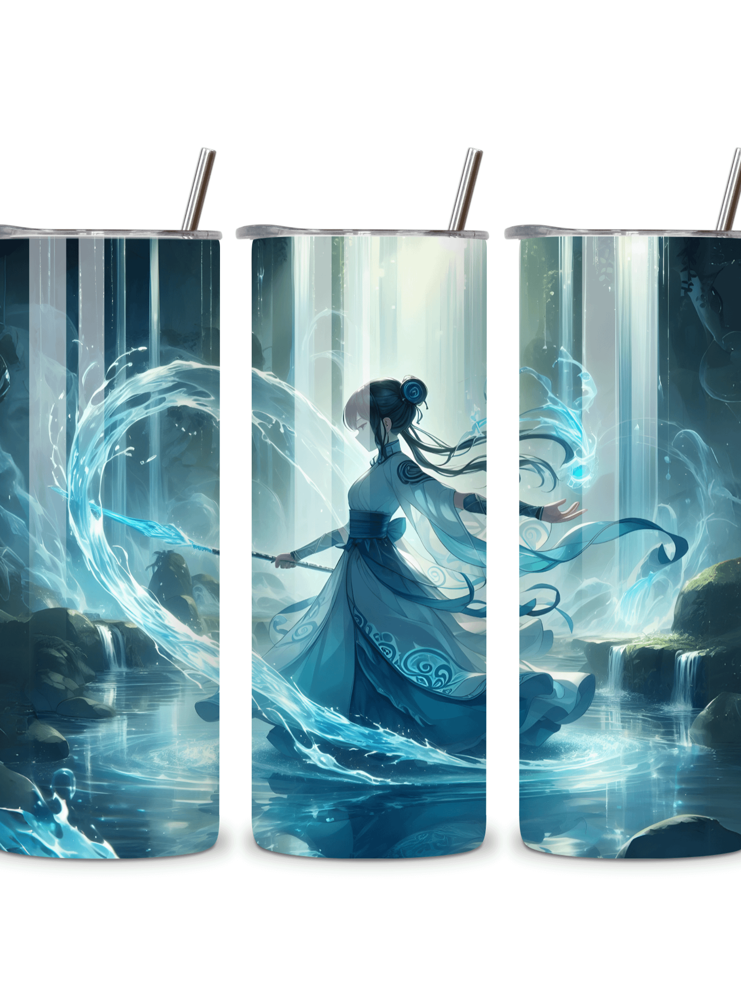 Elemental Anime Girl 20oz Skinny Tumblers with Metal Straws – Fire, Water, Earth, and Wind Designs – Double-Walled Insulated Stainless Steel Tumbler, Gift for Anime Fans and Nature Lovers (Water) product image (4)