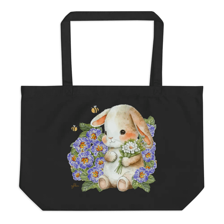Garden Whispers: Bunny and the Primula Zebra Blues Organic Cotton Tote Bag (Large) - Eco-Friendly, Durable, Stylish product image (2)