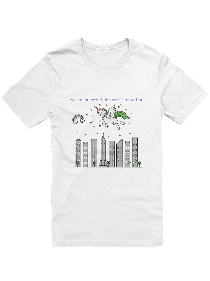 “Vegan Unicorn Flying Over Manhattan” Unisex White T-Shirt product image (1)