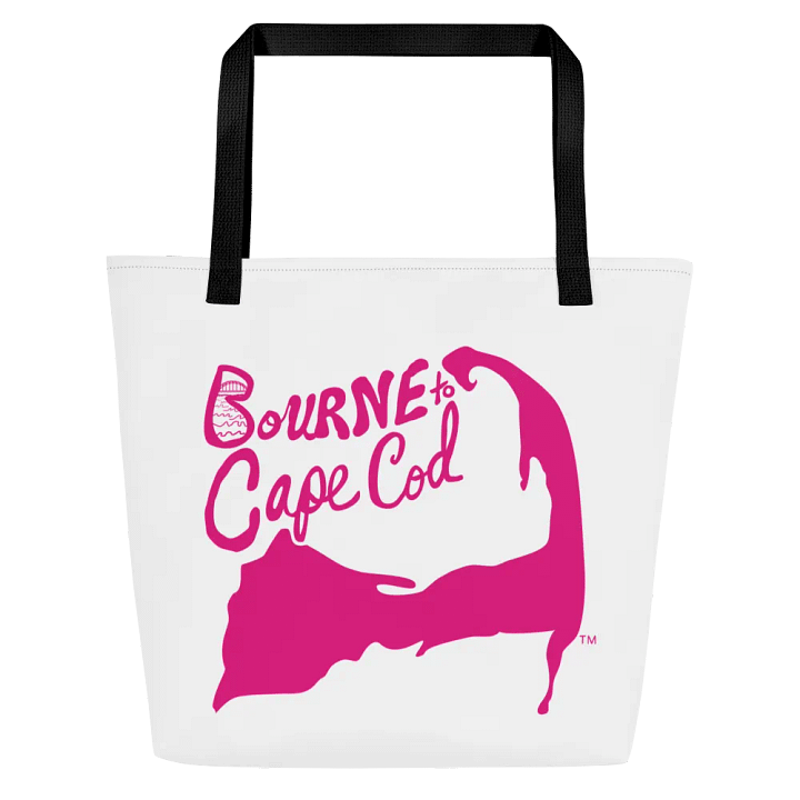 BOURNE to Cape Cod™ | Large Tote Bag with Pocket | Coastal Classic | All-Over Logo Print | Pink Logo on White product image (2)
