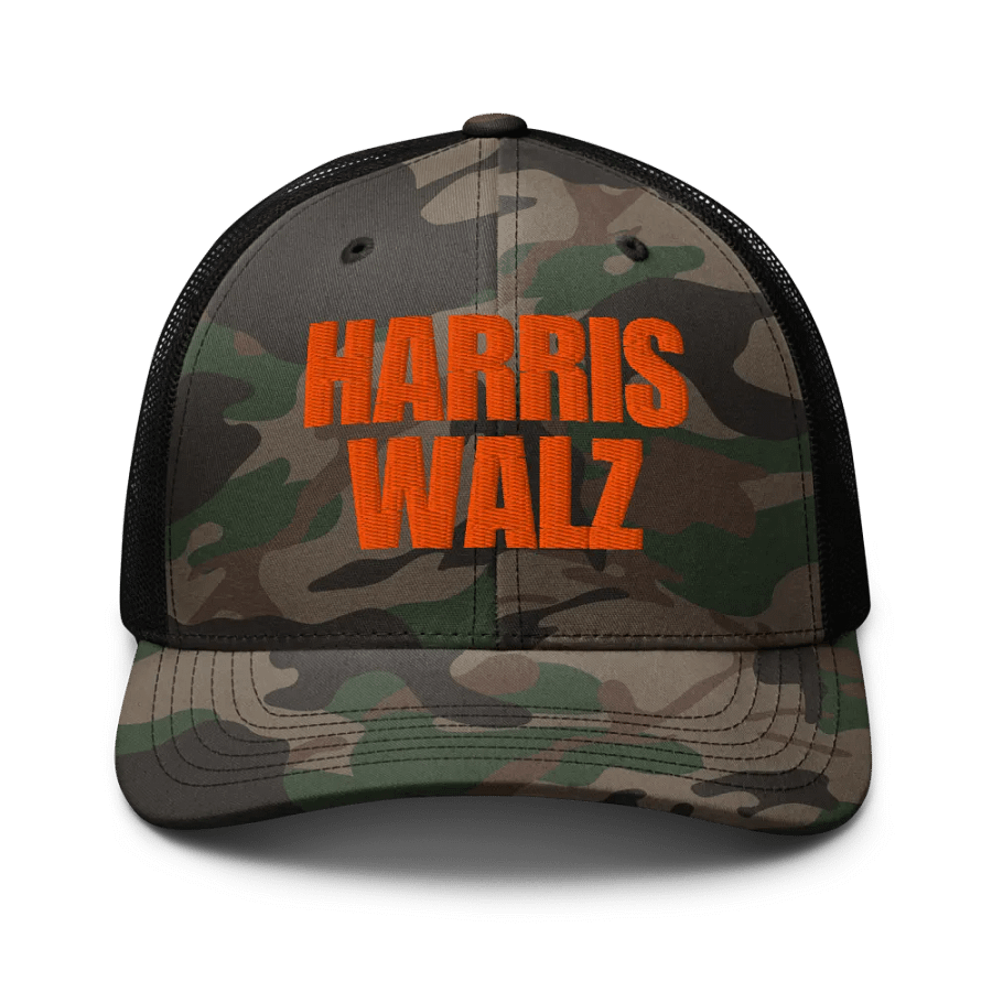 Harris Walz Camouflage Trucker Hat, Embroidered Hat product image (1)